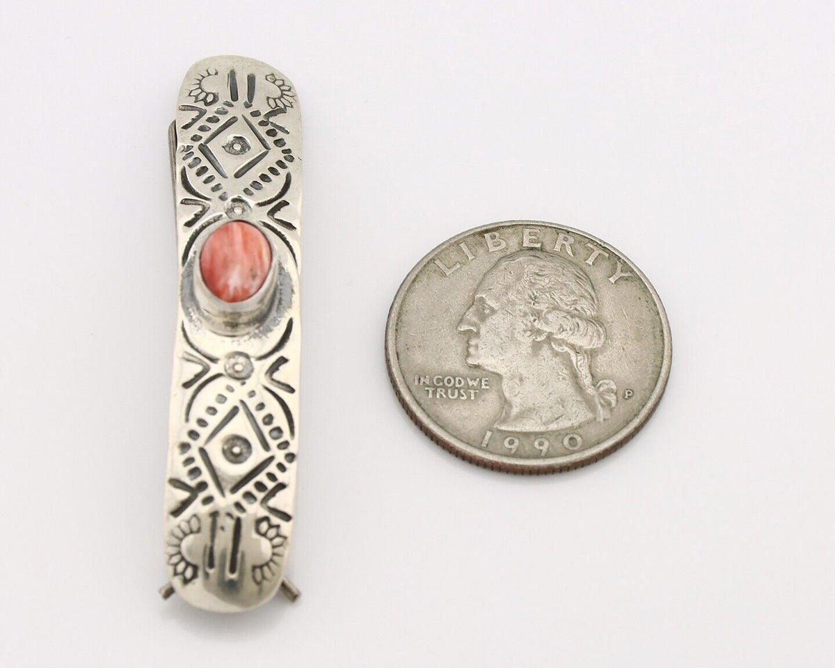 Women Navajo Hair Clip Barrette 925 Silver White Red Spiney Oyster Native Artist