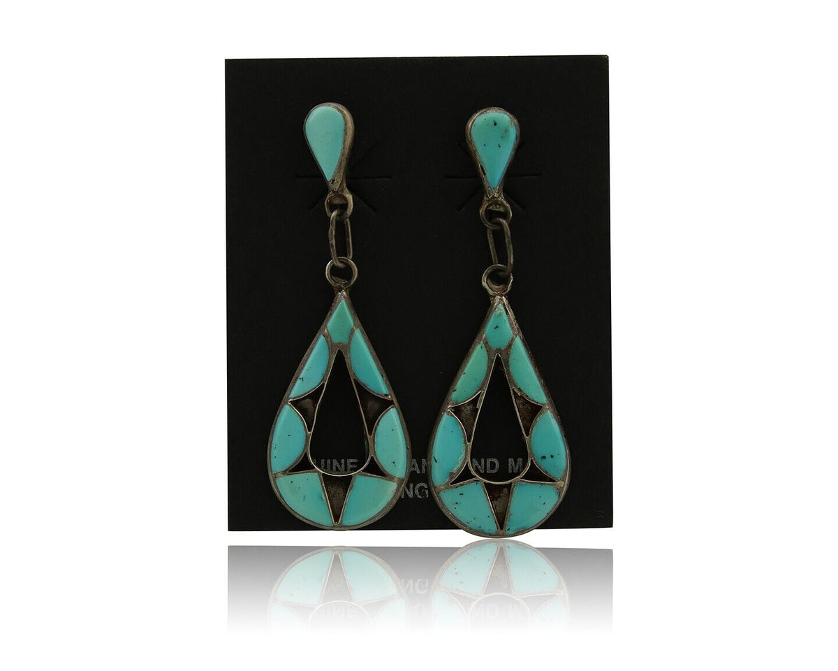 Zuni Dangle Earrings 925 Silver Natural Turquoise Native American Artist C.80's