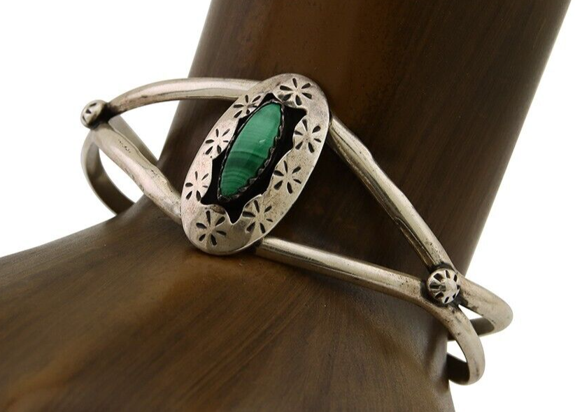 Navajo Hand Stamped Cuff Bracelet Malachite 925 Silver Artist Signed IJC C.80's