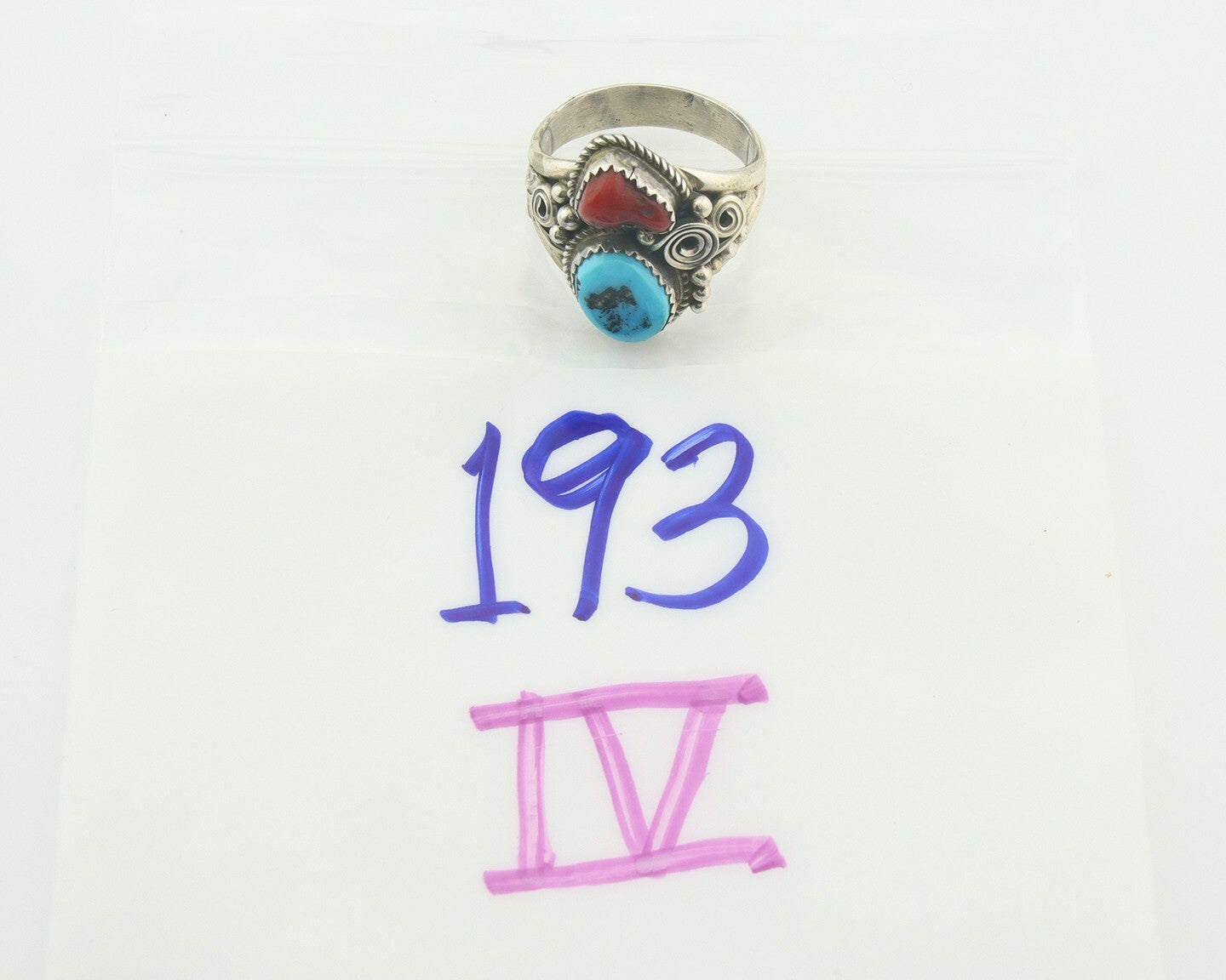 Men Navajo Ring 925 Sterling Natural Coral & Turquoise Signed JM C.80's Sz 12.5