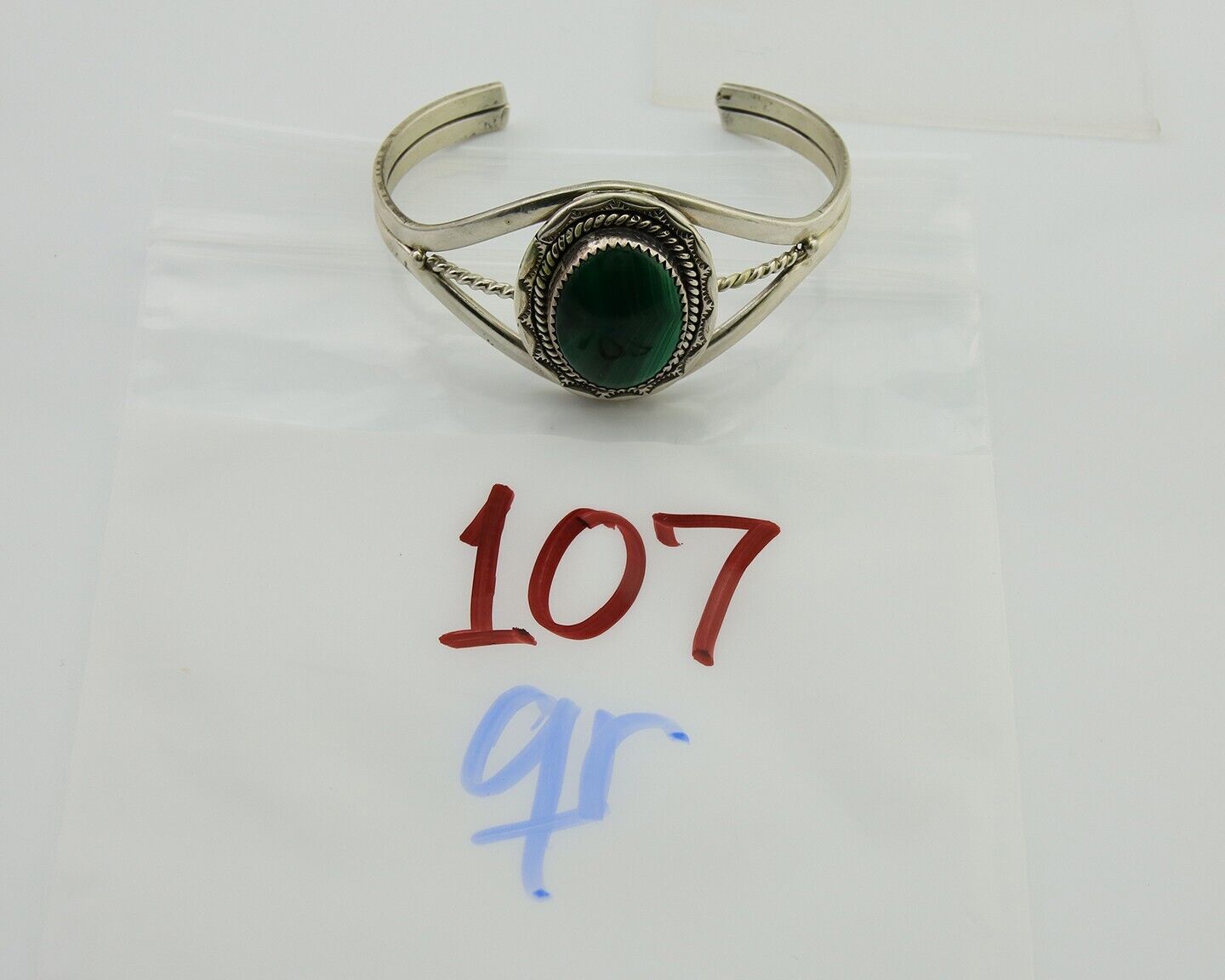 Navajo Cuff Bracelet Natural Malachite 925 Silver Native American Artist C.80s