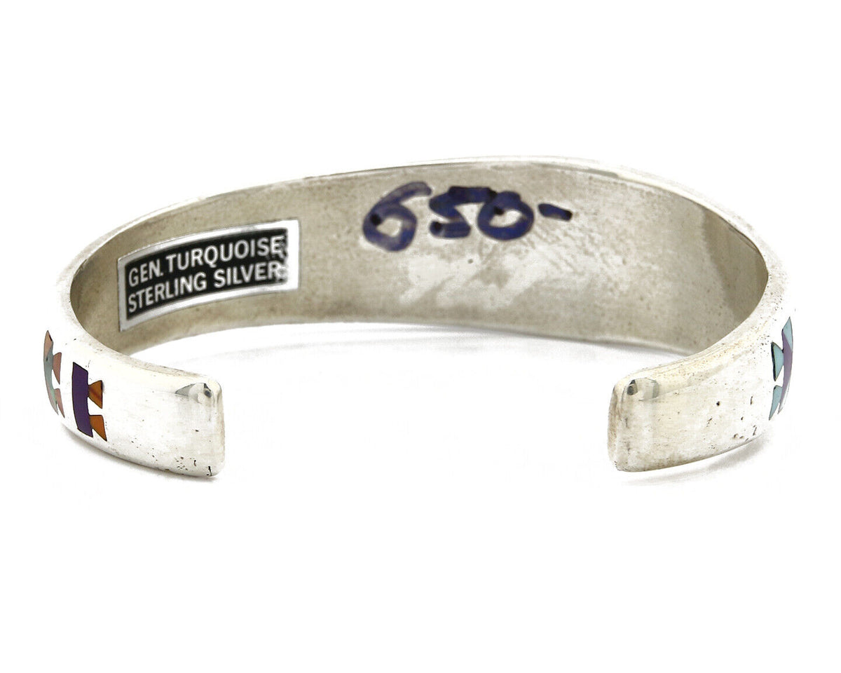 Navajo Cuff Bracelet.925 Silver Signed STC Inlay Natural Gemstones C. 1980's