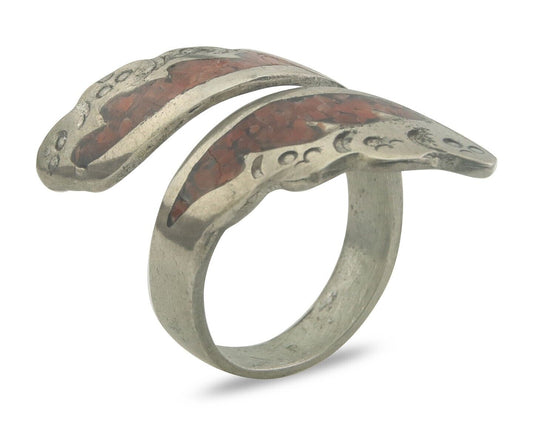 Navajo Ring 925 Silver Inlaid Natural Coral Native Artist C.80's Size 6.0
