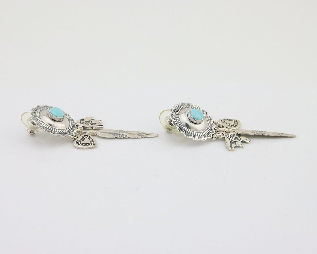 Navajo Concho Dangle Bear Feather Heart Earrings 925 Silver Natural Turquoise