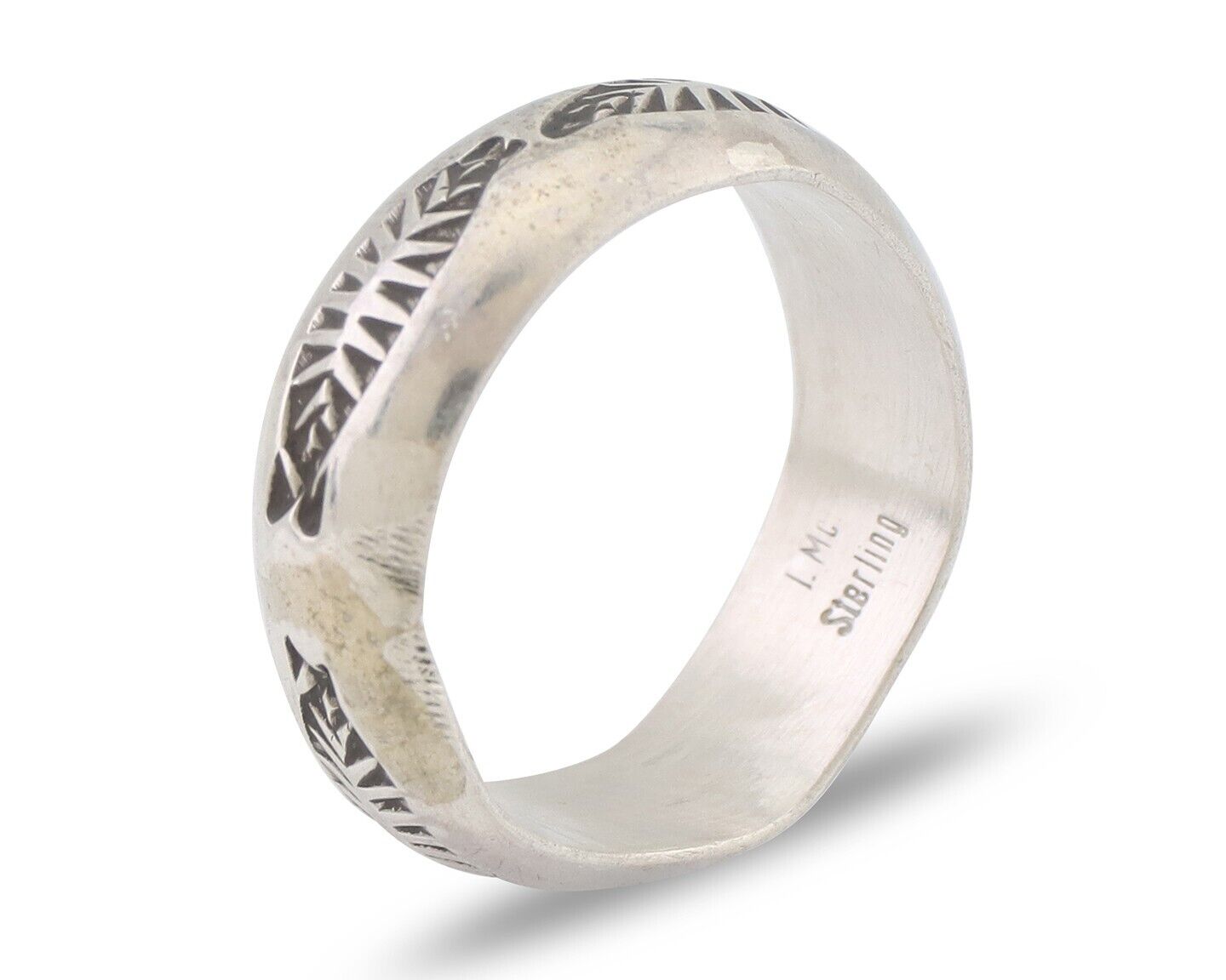 Navajo Hand Stamped Band 925 Silver 6.0 mm Signed Larry Chavez Size 5.75 C.80's