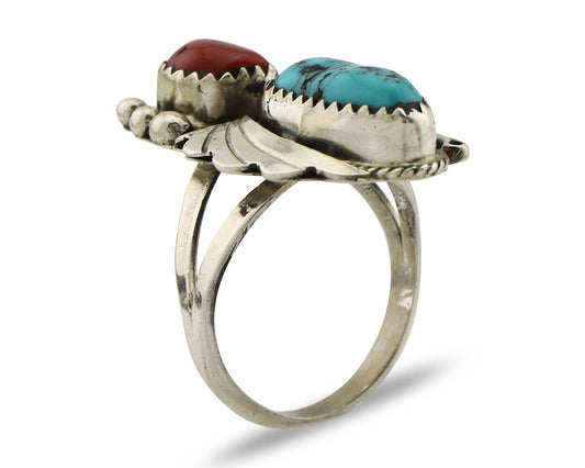 Navajo Ring .925 Silver Turquoise & Coral Artist Signed Justin Morris C.80's