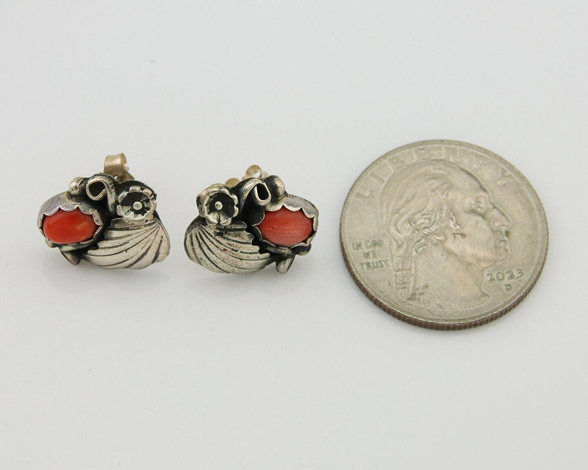 Navajo Earrings 925 Silver Natural Red Coral Native American Artist C.80's
