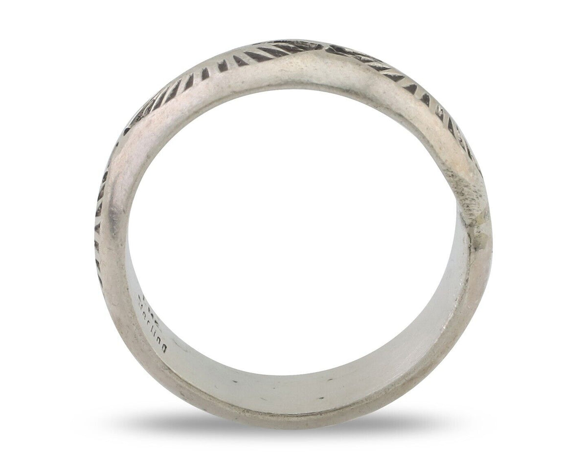Navajo Hand Stamped Band 925 Silver 6.0 mm Signed Larry Chavez Size 5.5 C.80's