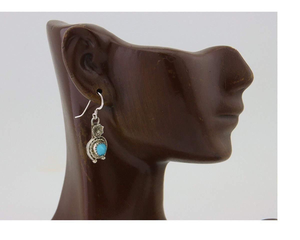 Navajo Dangle Earrings 925 Silver Natural Turquoise Artist Signed DB C.80's