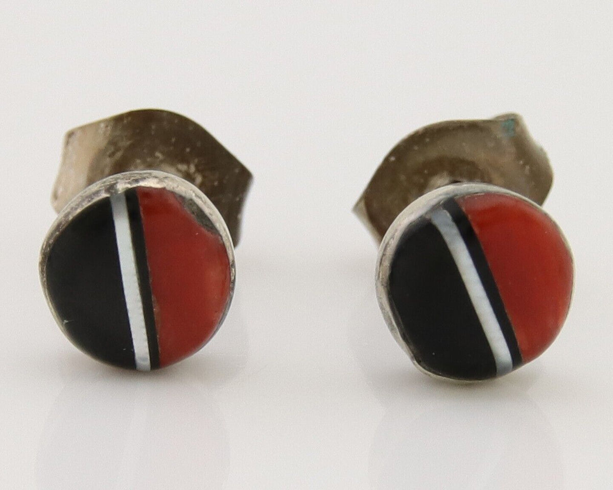 Navajo Earrings 925 Silver Inlaid Natural Onyx & Coral Native Artist C.80's