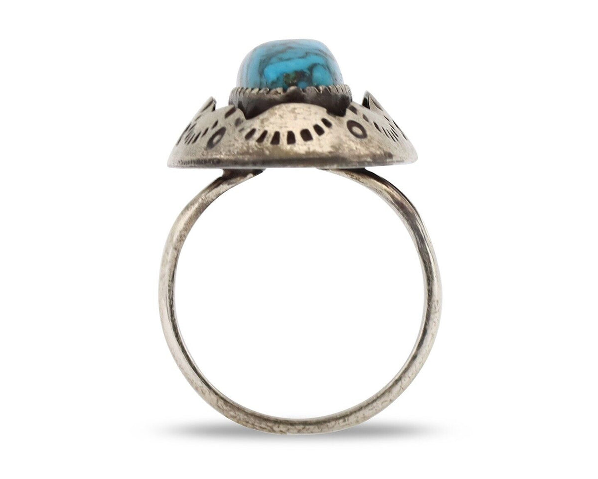 Navajo Ring 925 Silver Blue Spiderweb Turquoise Native American Artist C.80's