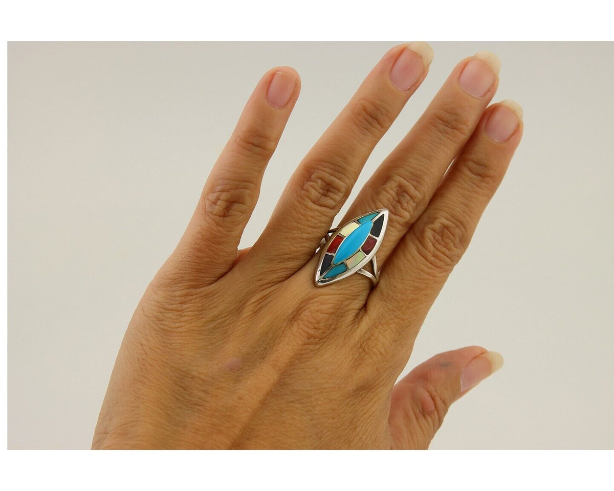 Navajo Ring 925 Silver Turquoise Shell Onyx Spiney Oyster Native Artist C80's