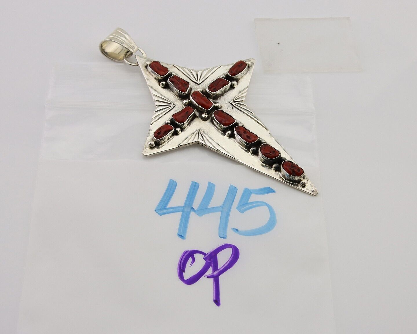 Large Navajo Cross Pendant 925 Silver Mediterranean Coral Artist Signed RD C.80s