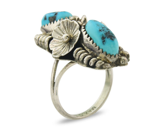 Vintage Navajo Ring Sterling Silver Authentic Turquoise Signed Max C Size 7.75