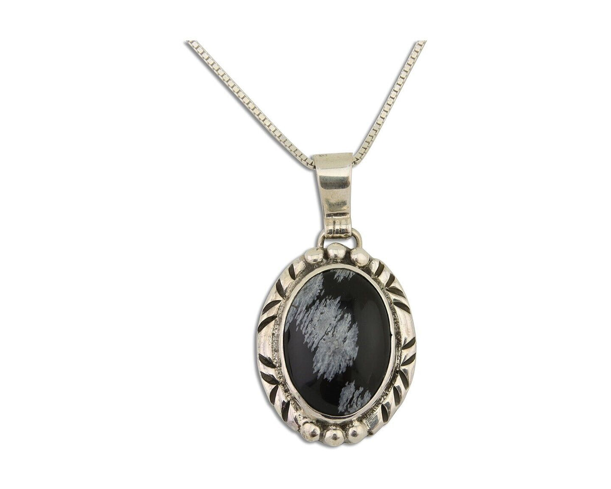 Navajo Necklace 925 Silver Onyx Natural Snowflake Agate Signed Native American