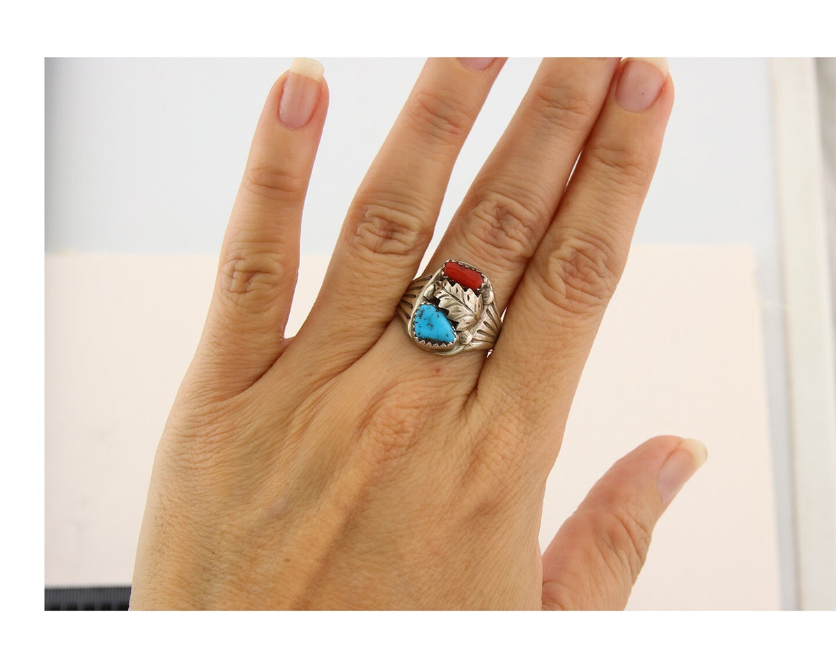 Navajo Ring 925 Sterling Turquoise & Coral Native Artist C.80's Size 7.5