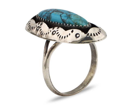 Navajo Ring 925 Silver Blue Spiderweb Turquoise Native American Artist C.80's