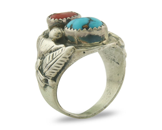 Vintage Navajo Band 925 Sterling Turquoise & Coral Native Artist Size 9.25