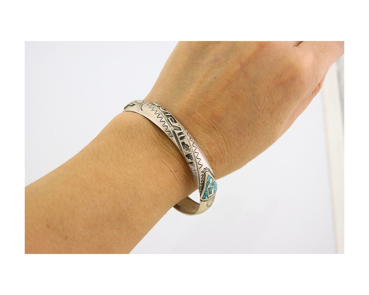 Navajo Bracelet 925 Silver Inlaid Turquoise Cuff Native American Artist C.80's