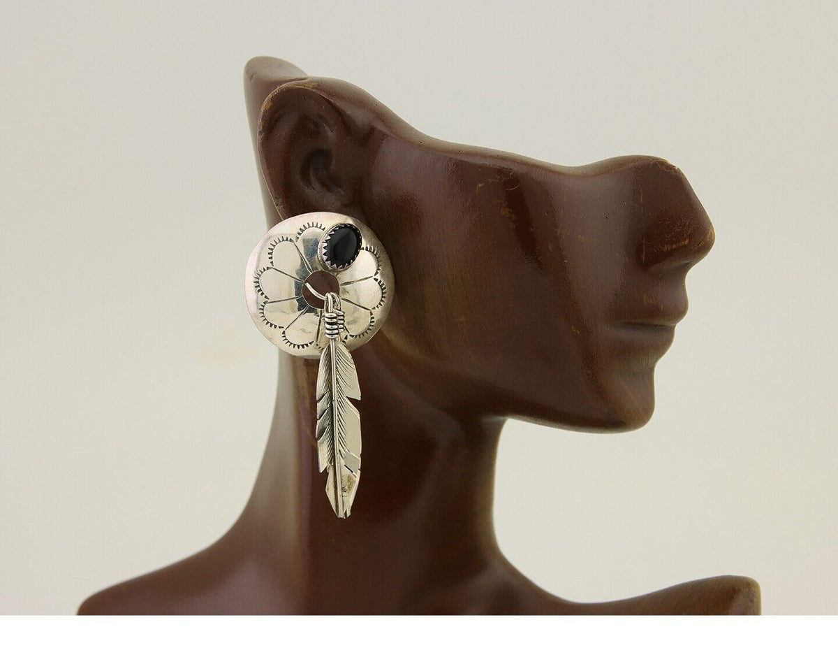 Navajo Handmade Earrings 925 Silver Onyx Native American Artist C.80's