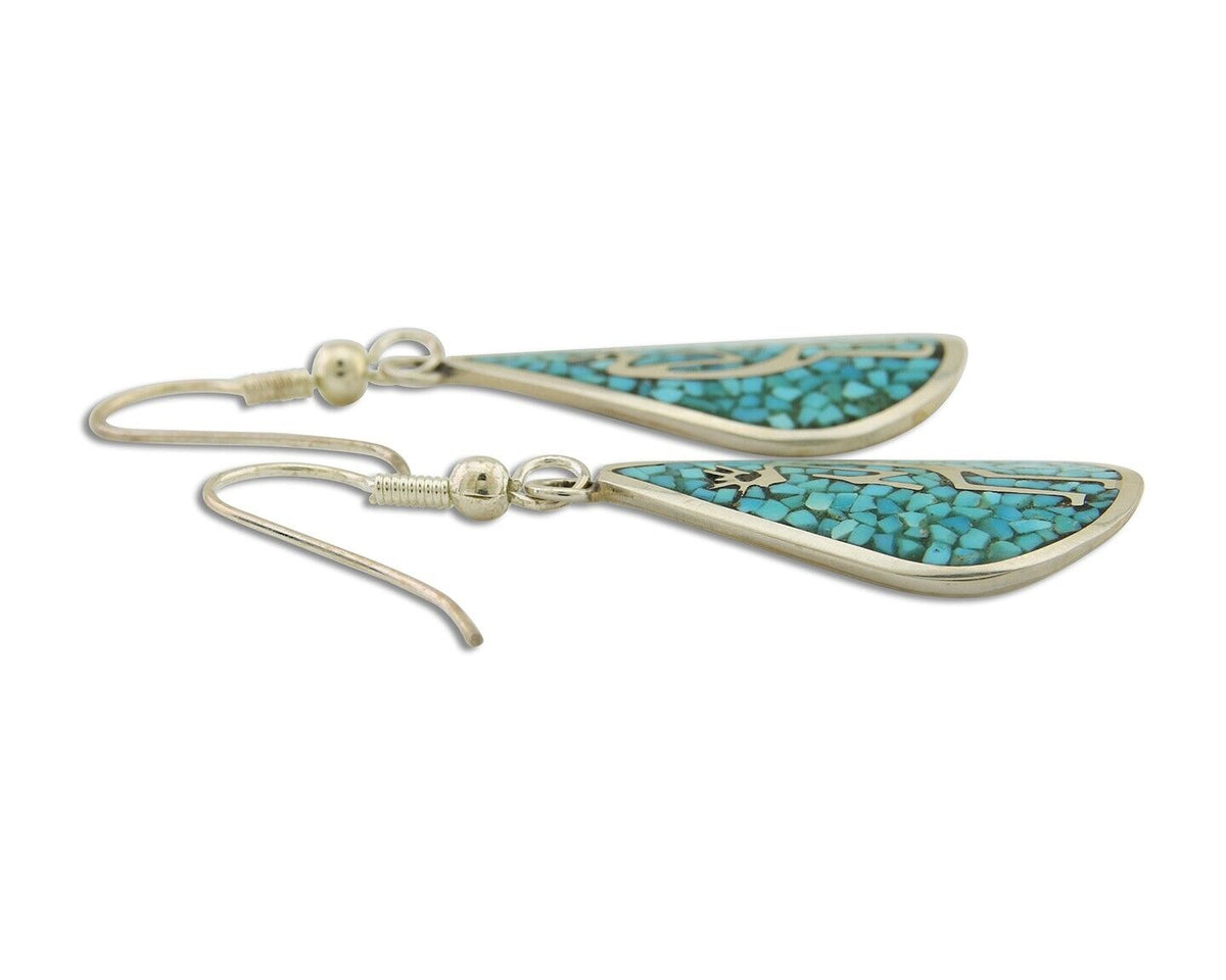 Navajo Kokopelli Earrings 999 Nickel Chip Inlay Turquoise Coral Native American
