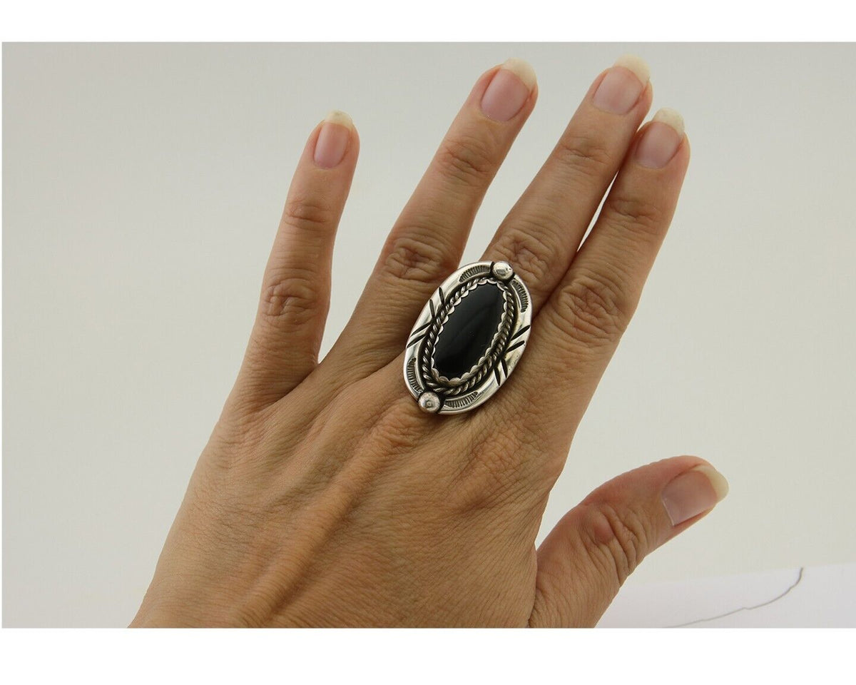 Navajo Ring 925 Silver Black Onyx Artist Signed V & N Edsitty C.80's