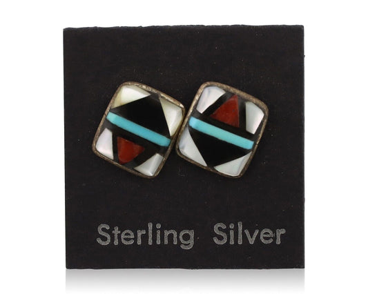 Zuni Earrings 925 Silver Natural Gemstones & Turquoise Native Artist C.80's