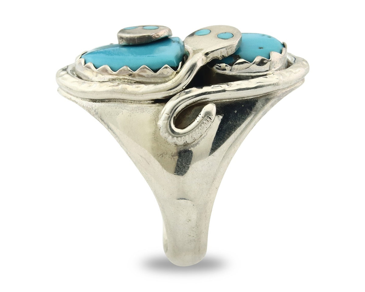 Men Heavy Zuni Snake Ring 925 Silver Turquoise Signed EFFIE CALAVASA C.80's
