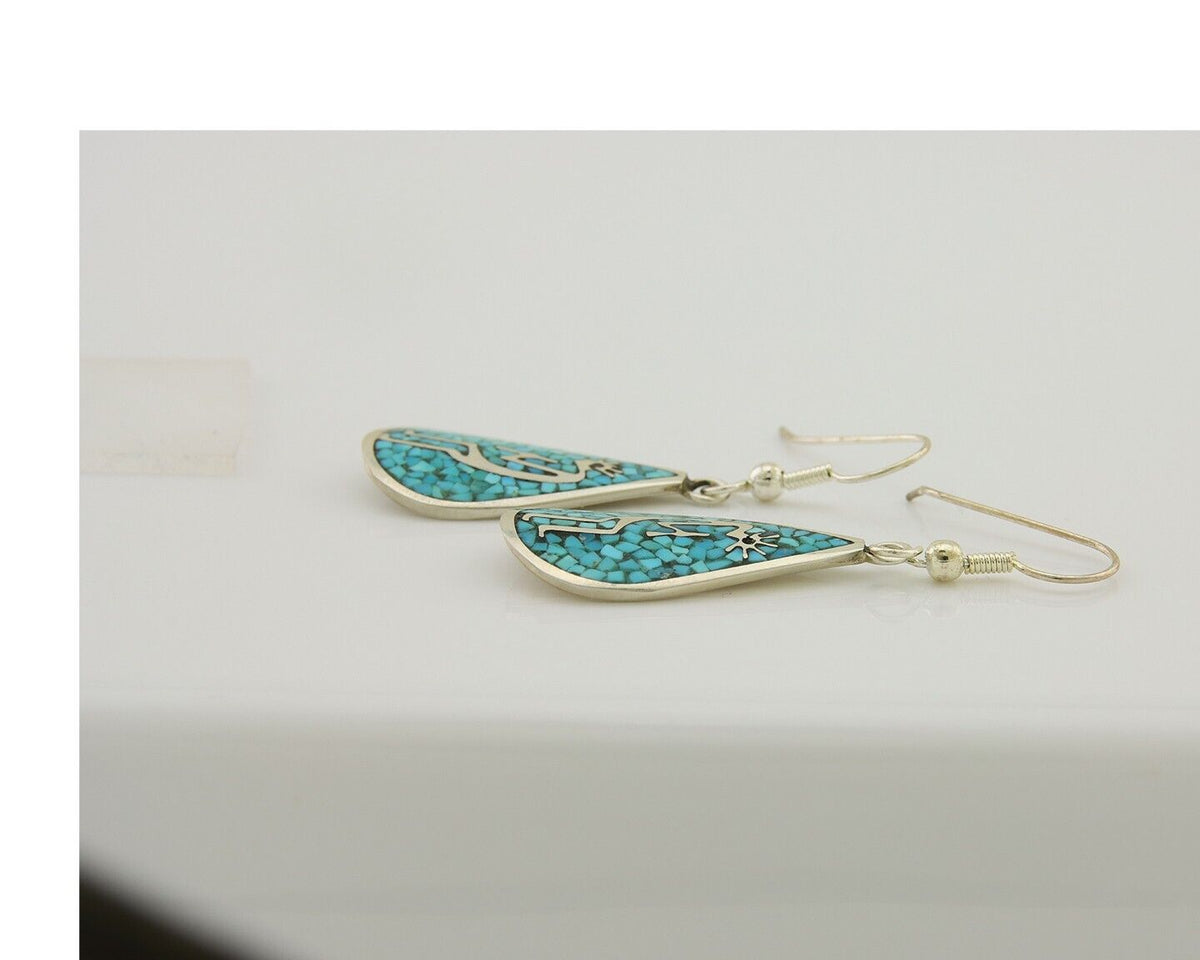 Navajo Kokopelli Earrings 999 Nickel Chip Inlay Turquoise Coral Native American