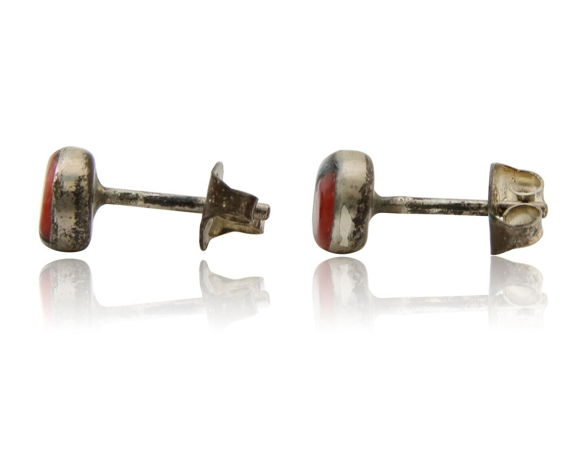 Navajo Earrings 925 Silver Inlaid Natural Onyx & Coral Native Artist C.80's