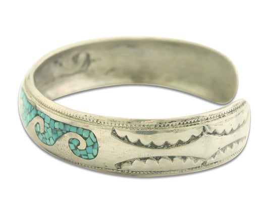 Navajo Bracelet 925 Silver Inlaid Turquoise Cuff Artist Signed LB C.80's