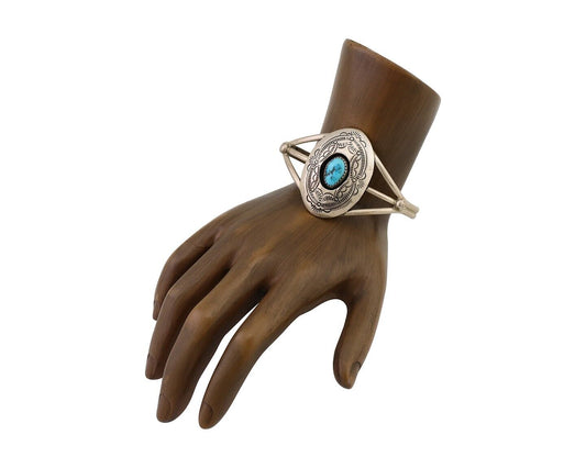 Navajo Bracelet 925 Silver Sleeping Beauty Turquoise Signed IHMJ C.80's