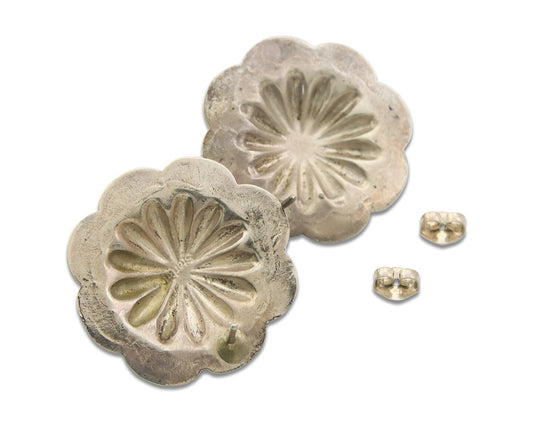 Navajo Concho Earrings 925 Silver Natural Coral Native American Artist C.80's