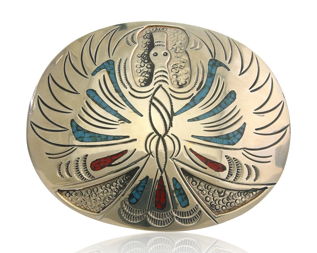 Navajo Belt Buckle .999 Nickel Buffalo Gemstone Signed Chee Keams 3x3.5 in C.80s
