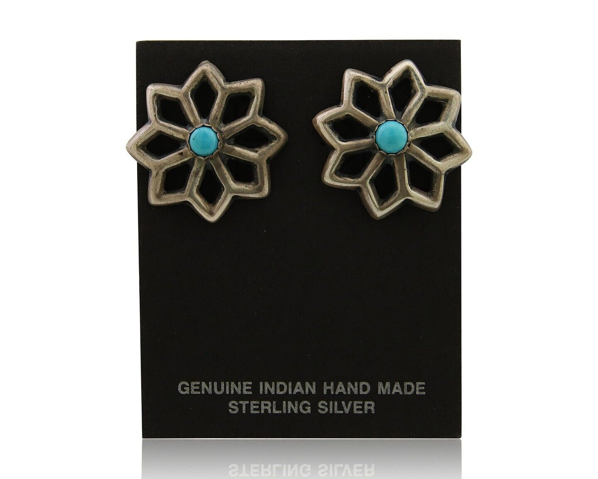 Navajo Flower Earrings 925 Silver Natural Turquoise Native Artist C.80's