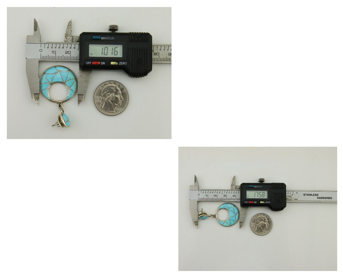 Zuni Dangle Earrings 925 Silver Natural Blue Turquoise Signed ELB C.80's