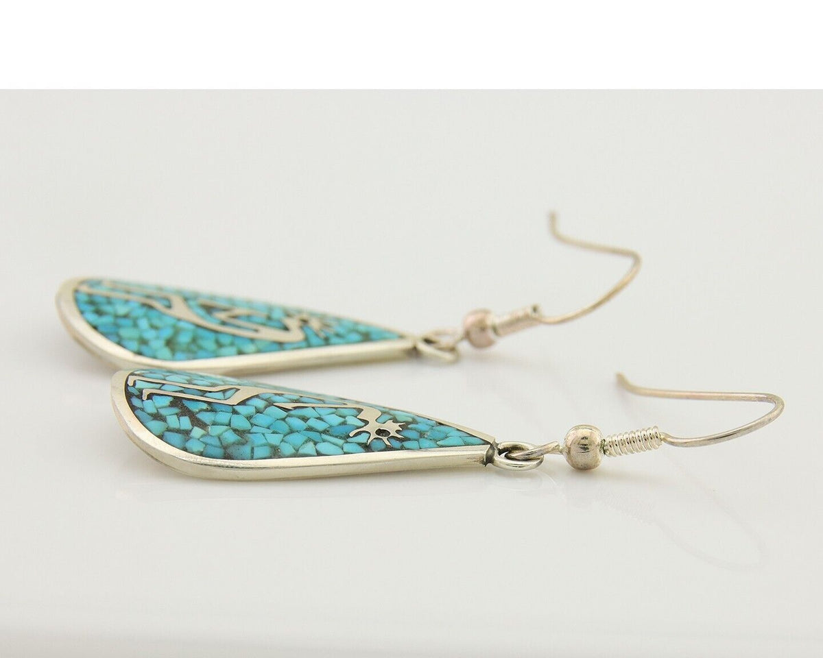 Navajo Kokopelli Earrings 999 Nickel Chip Inlay Turquoise Coral Native American
