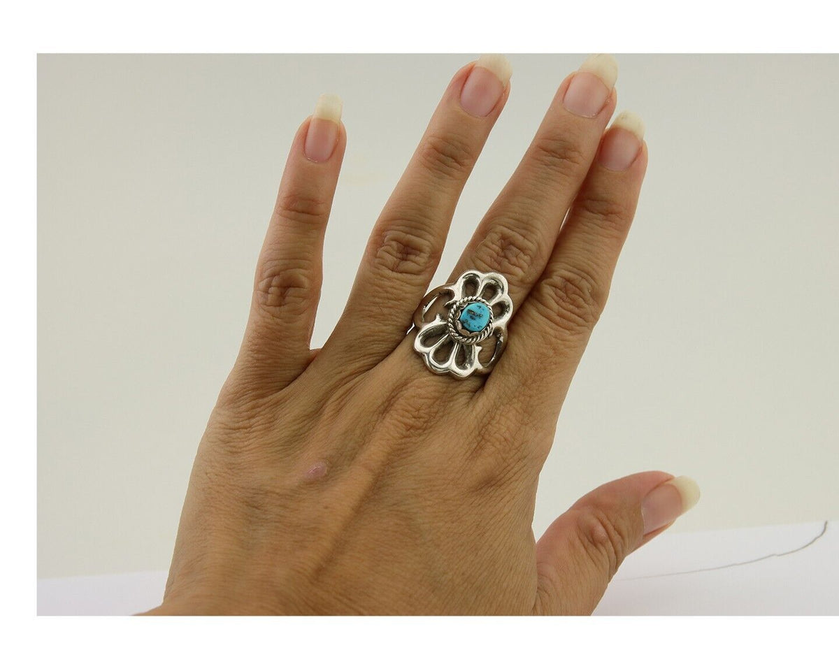 Navajo Sand Cast Ring 925 Silver Sleeping Beauty Turquoise Artist C.80's
