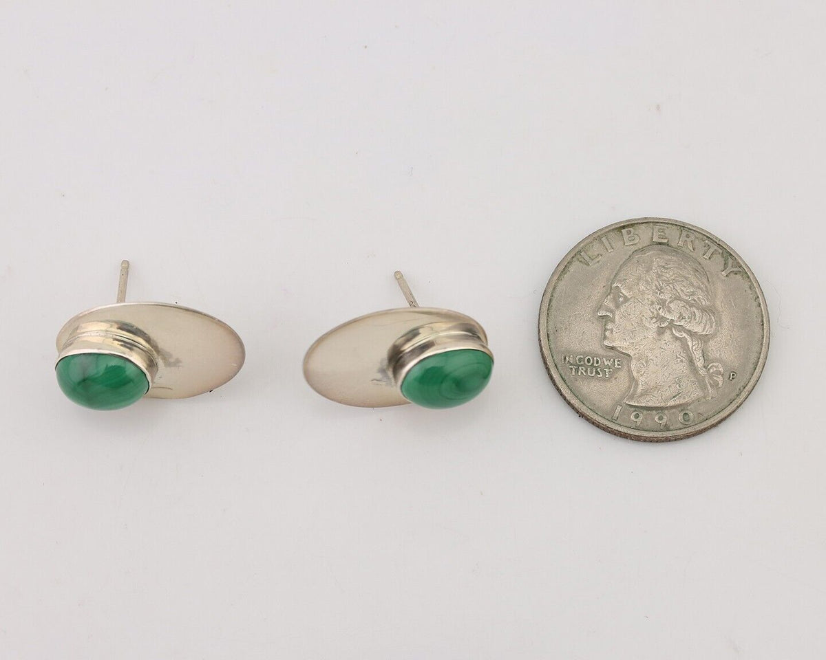 Navajo Shield Earrings 925 Silver Natural Malachite Signed Ella Peters C.80's