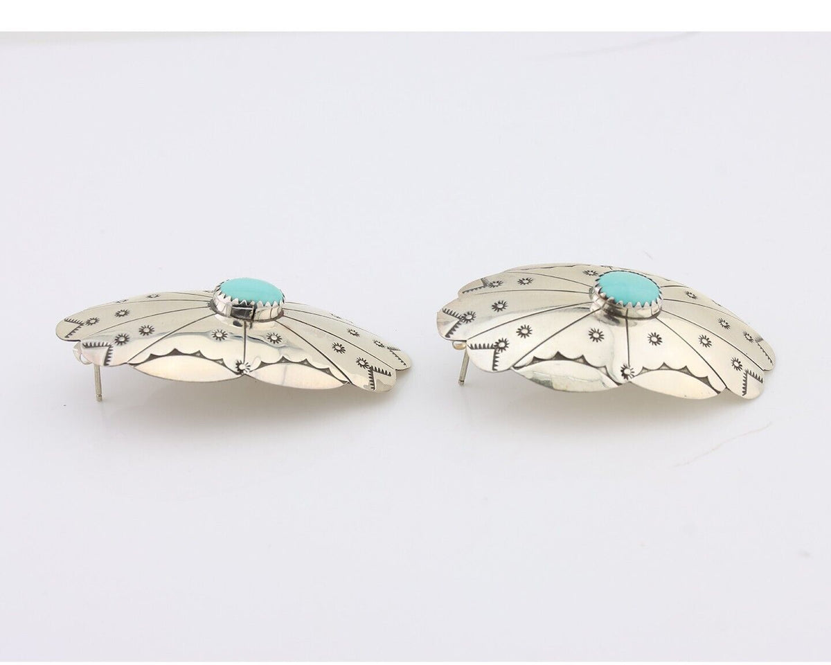 Navajo Hand Stamped Shield Earrings 925 Silver Turquoise Native Artist C.80's