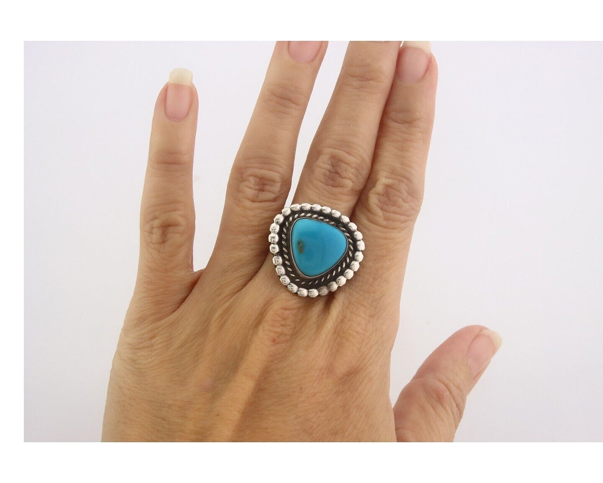 Navajo Ring 925 Sterling Natural Turquoise Native Artist C.80's Size 7.25
