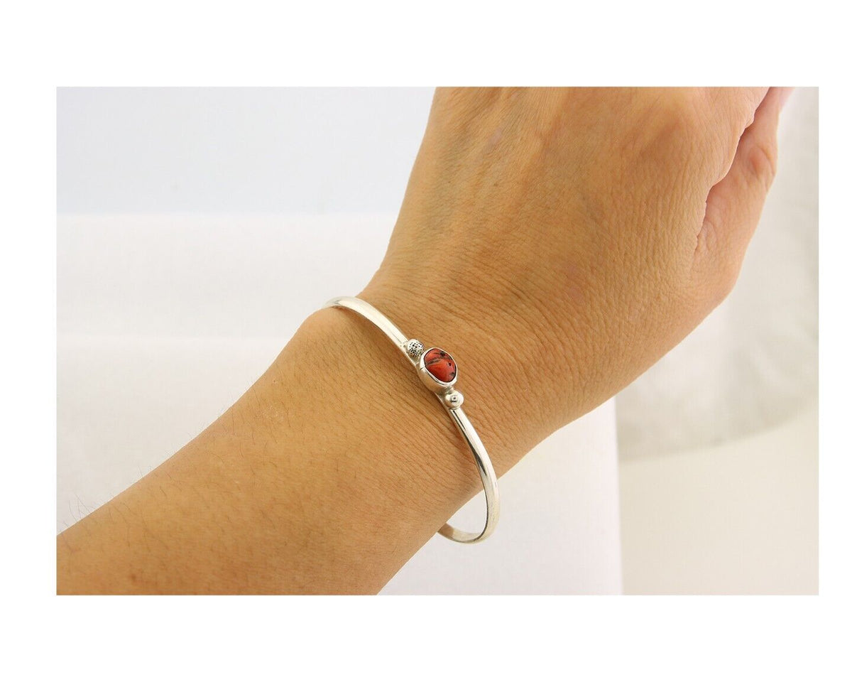 Navajo Bracelet .925 Silver Natural Red Coral Cuff Native American Artist C.80's