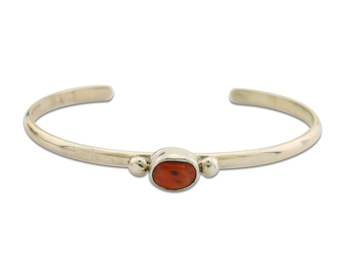 Navajo Bracelet .925 Silver Natural Red Coral Cuff Native American Artist C.80's