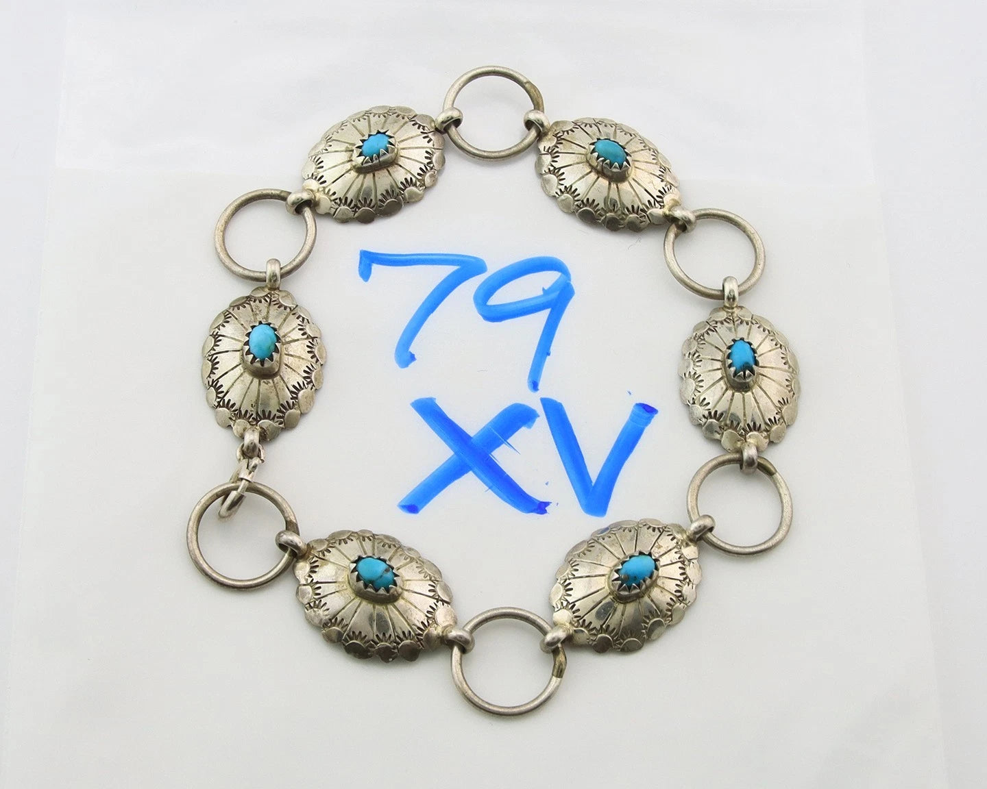 Navajo Concho Bracelet Sterling Silver Turquoise Hand Stamped Signed A.J.