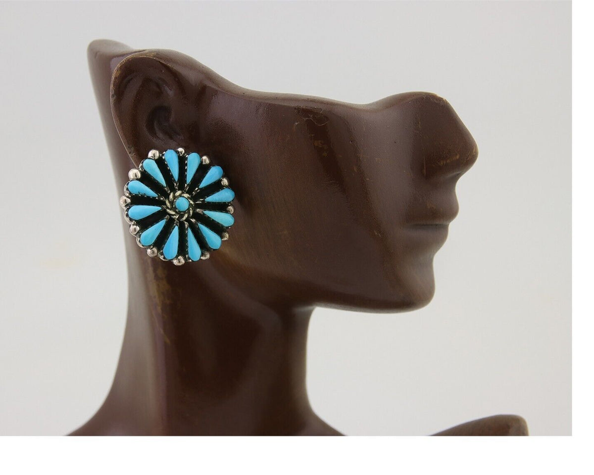 Navajo Petit Point Earrings 925 Silver Turquoise Signed Benson Yazzie C.80's