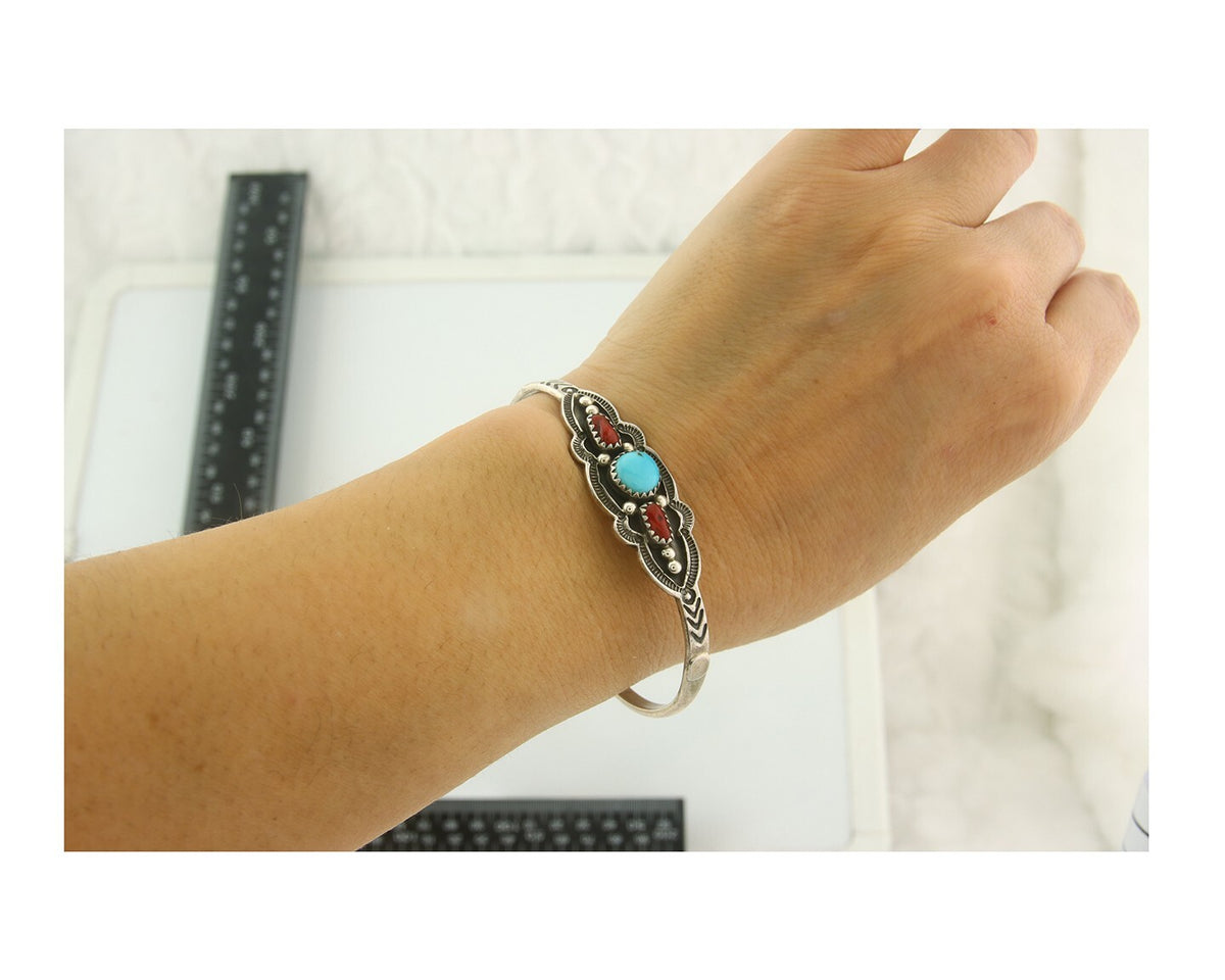 Navajo Bracelet 925 Silver Coral & Turquoise Cuff Signed Running Bear C.80's
