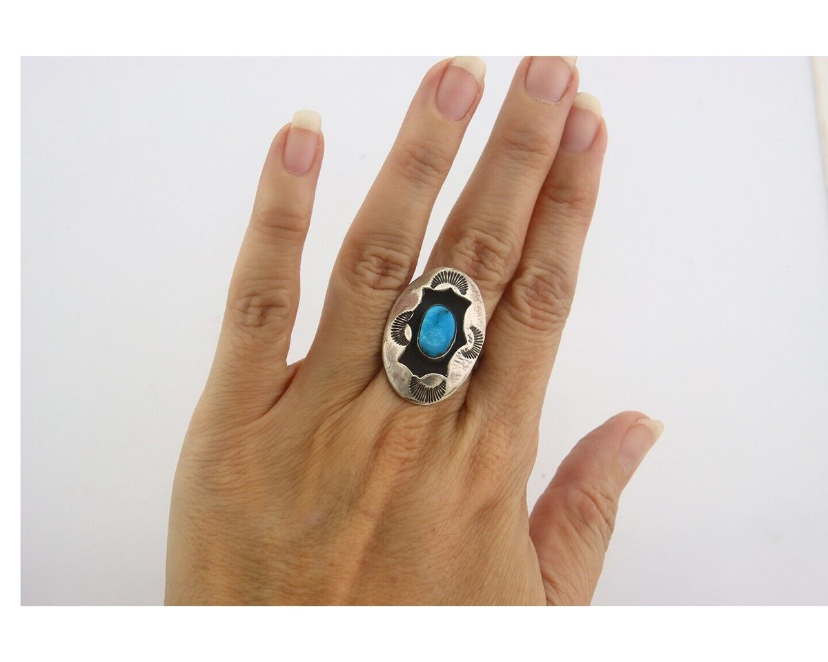 Navajo Ring 925 Sterling Turquoise Handmade Native Artist C.80's Size 8.35