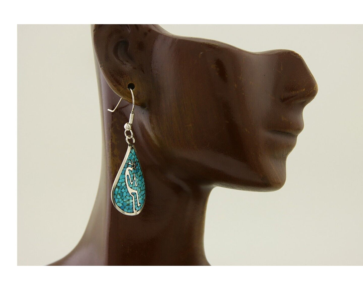 Navajo Kokopelli Earrings 999 Nickel Chip Inlay Turquoise Coral Native American