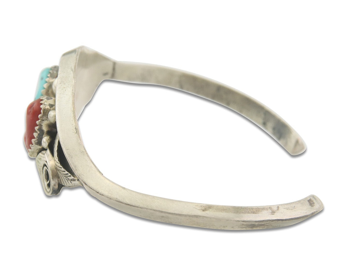 Navajo Bracelet 925 Silver Coral & Turquoise Cuff Signed Justin Morris C.80's