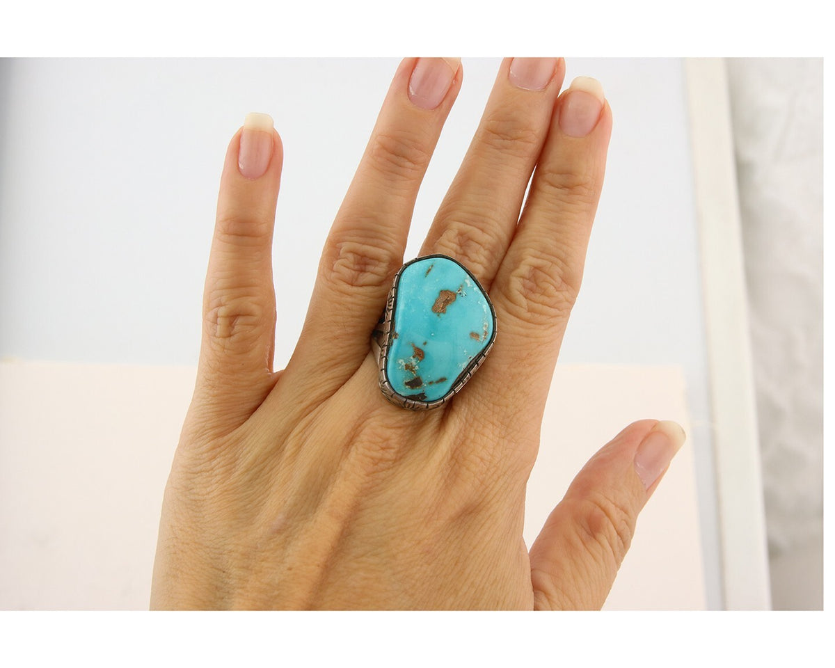 Navajo Ring 925 Sterling Turquoise Signed D Zachary C.80's Size 8.0
